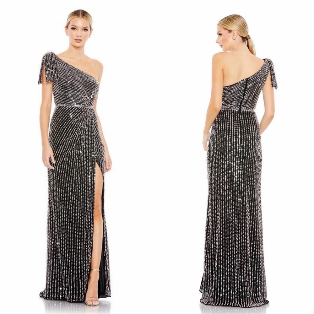 One-Shoulder Black Sequin Evening Gown